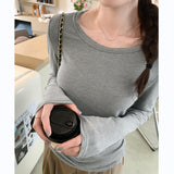 Color Round-Neck Mask T-Shirt Women's Long-Sleeved Spring New Stretch Hem Top With Bottom