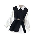 Fongt Design Sense Slit Knit Vest Shirt Foreign Style Reduced Age Two Suit Spring New White Shirt Jacket Female-Outfit
