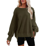 Fongt Women's Clothing 2025 Autumn And Winter New Women's Large Round-Neck Sweatshirt Side Open Fork Long-Sleeved Sweater