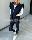 The Ins Hot Ladies Autumn Winter Down Jacket Casual Standing Collar Buckle Double Plug Bag Flying Lotus Leaf Sleeve Vest-Outfit