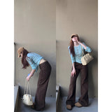Fongt Retro Dark Brown Loose Thin Straight Jeans Women's New Low-Rise Thin Broad Leg Horn Pants