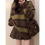 Vintage Round Neck Striped Sweater-Outfit