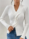 Fongt Women's Knitwear Fashion Temperament Thread Under The Fork Long Sleeve Solid Color Sweater