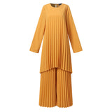 ZANZEA Women Muslim Sets Islamic Clothing Plain Suits Morocco Turkish Pleated Full Sleeve Tops Wide Legs Long Pants