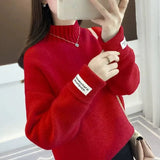Women Half Turtleneck Sweater Autumn Loose Wool Pullover Knitted Jumper Long Sleeve Letter Top Casual Warm Ladies