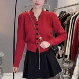Year's Red V-Collar Lace Spliced Long-Sleeved Sweater Autumn And Winter 2023 New Short Style Thin Sweater Blouse-Outfit