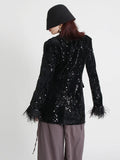 Fongt 2024 New V-Neck Long Sleeve Sequin Ostrich Splicing Suit Jacket-Outfit