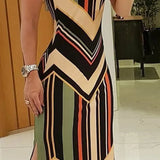 New Wish Striped Print Slim Sexy Forked Dress Sleeveless Dress Woman-Outfit