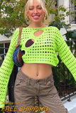 Out Cropped Knit Smock Top Women Flare Sleeve Y2K Clothes Fairy Grunge Loose Distressed Crochet Pullovers Sweater
