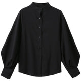 Sense Niche 2023 Spring Grinding Hair Loose Show Thin Stand Collar Lantern Sleeve Foreign Style Long Sleeve Shirt-Outfit