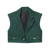 Fongt New Women's Short Lap Collar Vest Vest Top High Waist Broad Leg Trousers Set