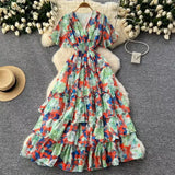 Fongt Vintage Gentle Windy Fragmented Flower Dress Summer New High Waist Thin Spinning Dress