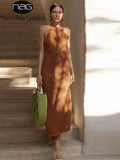 Knitted Summer Dress Backless Cut out Stretch Halter Tie up Solid Color Maxi Dresses for Women Party Club Sexy Robe