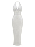 Halter Deep V Neck Sequin Maxi Dress-Outfit