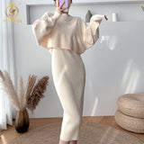2022 New Fall/Winter Bat Sleeve O-Neck Soft Sweater + Women's Knitted Vest Long Dress Two-Piece Dress