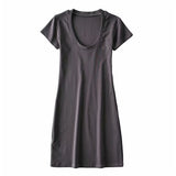 New Large U-Necked Dress Summer Solid Color Leisure Basic Medium-Long Short-Sleeved T-Shirt Skirt-Outfit