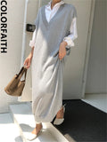 New 2022 V-Neck Knitted Elegant Oversized Sleeveless Korean Solid Lady Autumn Winter Women Dress Long Dresses