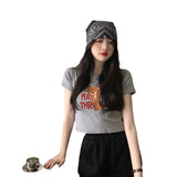 Fongt 2023 New Korean Letter Bear Print Short-Sleeved T-Shirt Women Slim Short Top Women's
