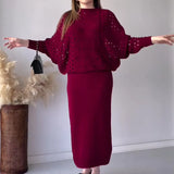 Fongt 2023 New Fashion Solid Color Hollow-Out Round Collar Top Casual Knit Skirt Suit-Outfit