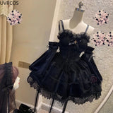 Victorian Gothic Lolita Dress Vintage Girl Sweet Lace Rose Princess Holiday Party Dresses Women Dark Cosplay Slip Dress-Outfit