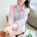 Summer Women Sunscreen Clothes Rainbow Shirt Thin Loose Lady Chiffon Blouses Lace-up Long-sleeve Elegant Tops Short