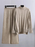Knitted Sets Tracksuit Women Two Piece Set Split Half Turtleneck Sweater and Wide Leg Pants 2 Piece Sets Womens Outfits-Outfit