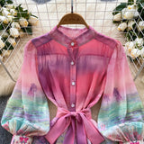 Fongt Spring Dress Women's New Dress Elegant Collar Lantern Sleeves To Close The Waist Print Lotus Leaf Side Skirt