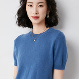 Fongt Female Round Collar Loose T-Shirt Inside Build Sweater Spring Autumn Base Outside Wear Short Sleeve Hair-Outfit