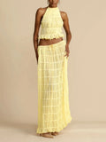 Halterneck Ruched Open Back Tie Up Top And Maxi Skirt Set-Outfit