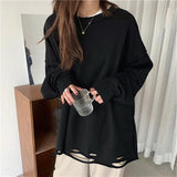 Long sleeve Hole Tops Female Grey Pullovers New Autumn winter thin Cotton long Women sweatshirt oversized solid