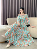 Fongt Early Autumn Collared Flakes And Snowflake Cake Skirt Seven-Sleeved Luxury Dress