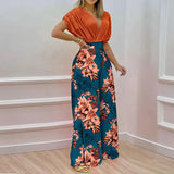 Fongt Women's Fall New Temperament V-Neck Print Wide-Leg Pants Fashion Casual Suit