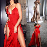 Fongt Forging Slings Deep V-Neck Bareback Official Picture Solid Color Open Forked Mid-Rise Long Skirt Temperament Commuting Women's