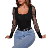 Fongt Women's Wear 2024 Summer New U Collar Mesh Sleeve Splicing Pure Color Versatile Show Thin Temperament T-Shirt Women's Top-Outfit