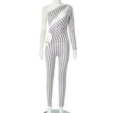 Fongt Women's Autumn And Winter Striped Print Sexy One-Shoulder Long-Sleeved Foot