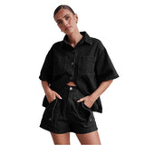 Fongt Summer Women's Casual Retro Loose Shirt Denim Shorts Set Denim