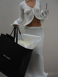 White Knit Crop Cardigan And Midi Skirt Set-Outfit