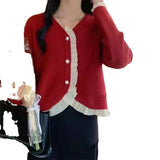 Fongt French Retro V-Neck Gentle Temperament Small Fragrant Wind Jacket Flounce Stitching Chiffon Knit Sweater Woman-Outfit