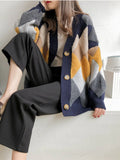 2022 Plaid Chic Cardigans Button Puff Sleeve Checkered Oversized Women's Sweaters Winter Spring Sweater Tops