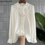 Women Tops Stand Neck Long Sleeve Ruffles Blouses Fashion White Shirts Hollow Out Vintage Shirts Femme Blusas