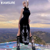 Dark Split Side Summer Dress Gothic Sexy Slim Turtleneck Sleeeveless Long Dresses For Women 2021 Party Night Club