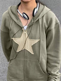 Vintage Star Patch Baggy Zip Up Hoodie-Outfit