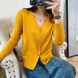 Fongt New Spring And Fall Thin Knit Women's Cardigan Long Sleeve V Neck Short Sweater Small Shawl Coat Jacket-Outfit