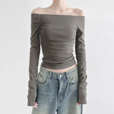 Fongt Wind Foundation Simple Solid Color One Word Collar Off-Shoulder Bottom T-Shirt 2023 New Temperament Age Reduction Slim Jacket-Outfit