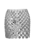 Trendy Women Metal Mirror Disc Mini Skirt Paillette Sequins Body Chain Nightclub Party Y2k Hollow Out Solid Skirt