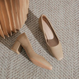 Fongt Bare-Colored High-Heeled Women's French Temperament Spring Small Square Head Coarse Working Shoes With Skirt Soft Leather Single