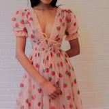 Sweet Pink Mesh Long Strawberry Dress Korean Fashion V-neck Embroidery Sequins Tunic Party Dress Holiday Midi Dresses-Outfit