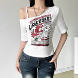 Fongt Spring Women's New Street Fashion Hottie Bare Shoulder Prints Umbilly Umbilly Top Girl