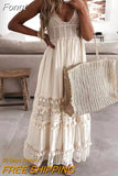 Casual Women V Neck Beach Dress Lace Patchwork Solid Bohemian Maxi Dress Hollow Out Sleeveless Female Slim Tassel