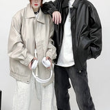 Fongt New PU Leather Solid Color Hip Hop Coat Jacket Retro Motorcycle Leather Casual Versatile Jacket For Men And Women-Outfit